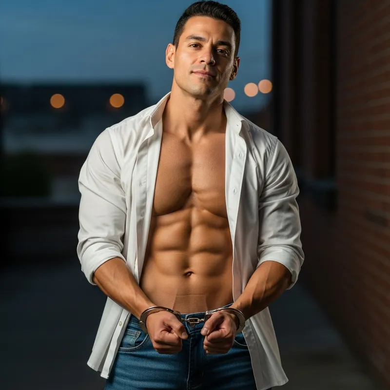 Handcuffed Hispanic Man with Toned Six-Pack | Strong & Stoic