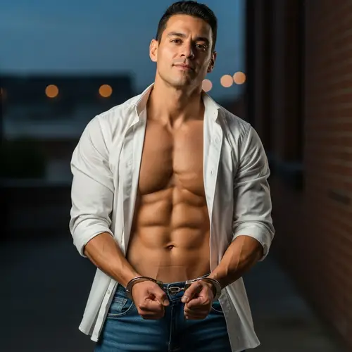 Handcuffed Hispanic Man with Toned Six-Pack | Calm & Resilient