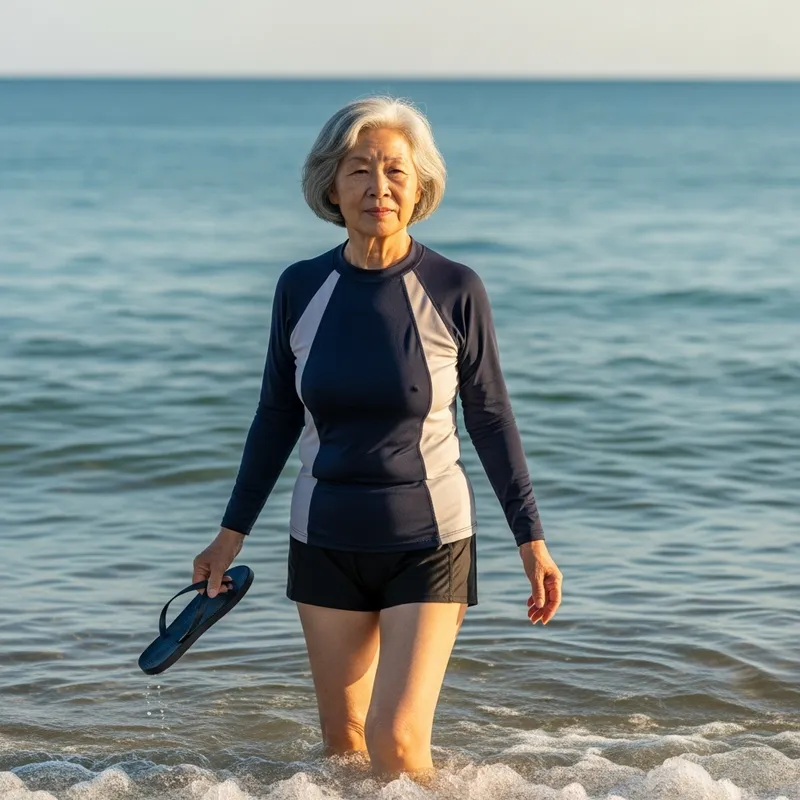 Serene Aura: Tranquil Beach Day in Stylish Swimsuit