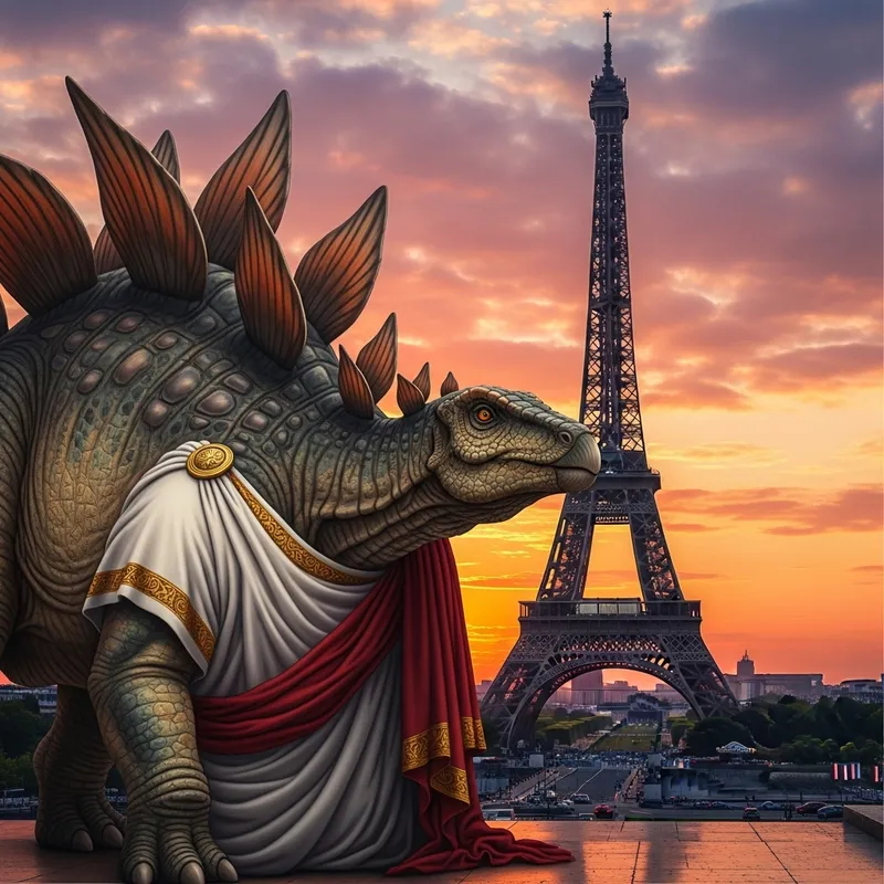 Realistic Stegosaurus Toga Sunset Art at Eiffel Tower Realistic Stegosaurus Toga Sunset Art at Eiffel Tower