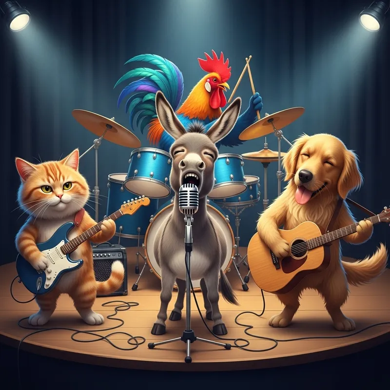 Quirky Animal Band: Donkey, Dog, Cat & Rooster