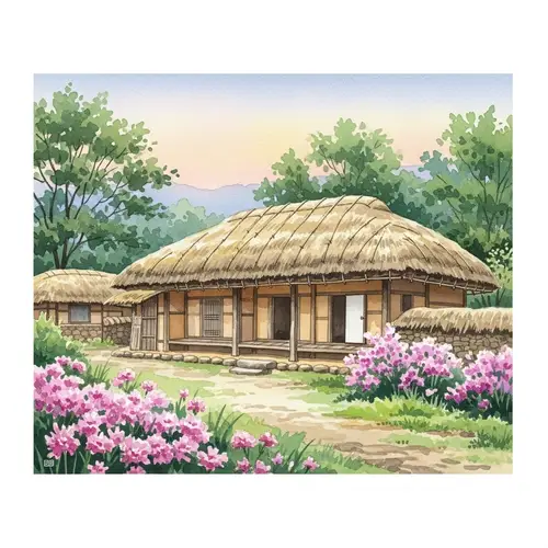 Traditional Thatched House in Korea - Watercolor Painting
