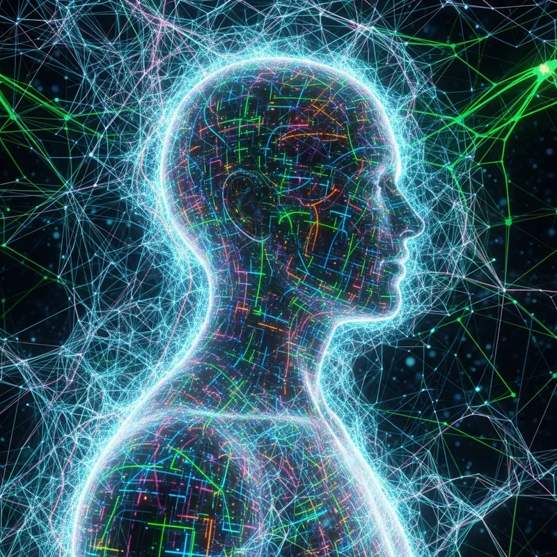 3D Human Profile Surrounded by Neon Neural Networks