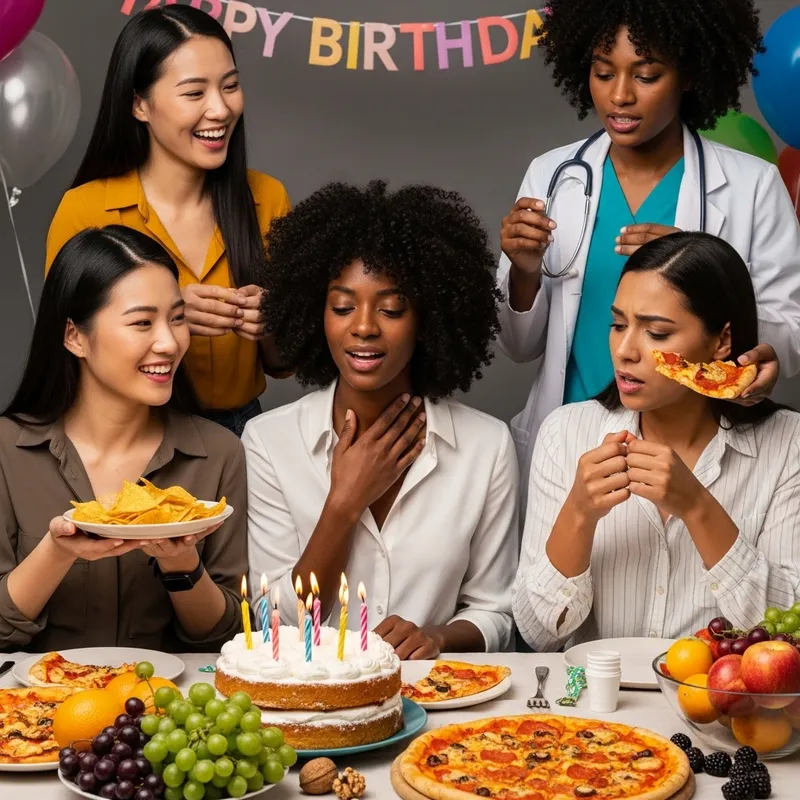 Colorful Birthday Party Scene with Cake, Pizza, Fruit & Drama