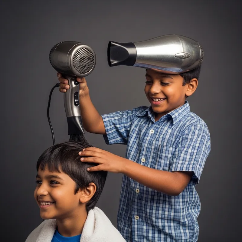 A Boy with a Hair Dryer Instead of a Head