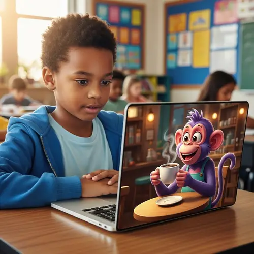 African American Child in Classroom with Playful Purple Monkey on Laptop