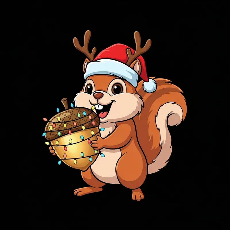 Festive Squirrel with Antlers Holding Gold Acorn - Holiday Tee Design