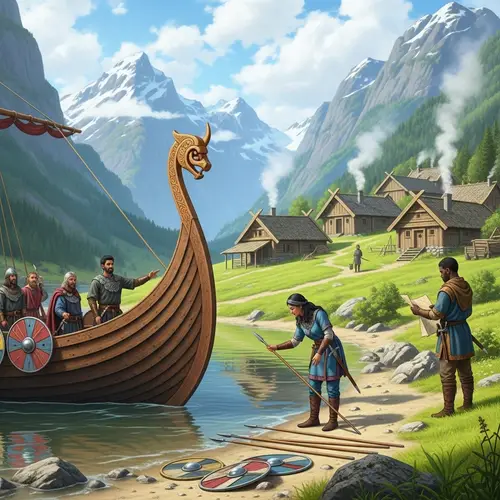 Viking Settlement with Diverse Characters in Idyllic Landscape