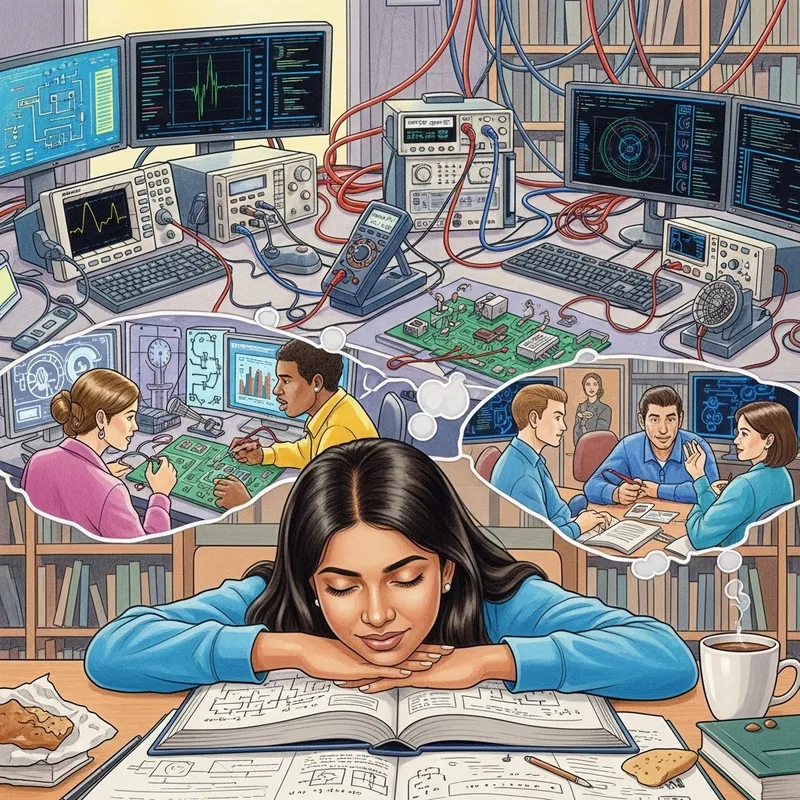Colorful Drawing of South Asian Female Electrical Engineering Student Dreaming in Technologically Advanced Workspace