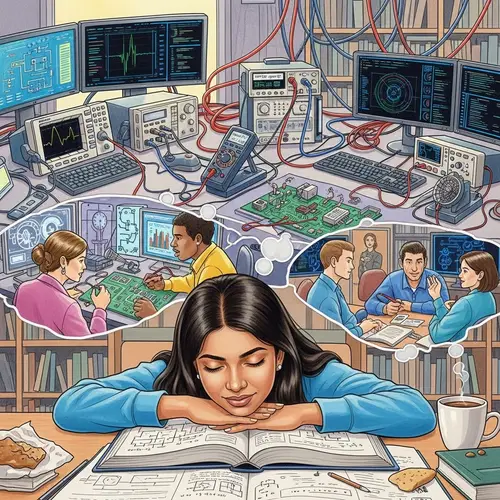 Colorful Drawing of South Asian Female Electrical Engineering Student Dreaming