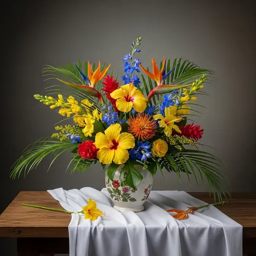 Tropical Flower Still Life Painting | Yellow, Orange, Red & Blue Flowers in White Vase