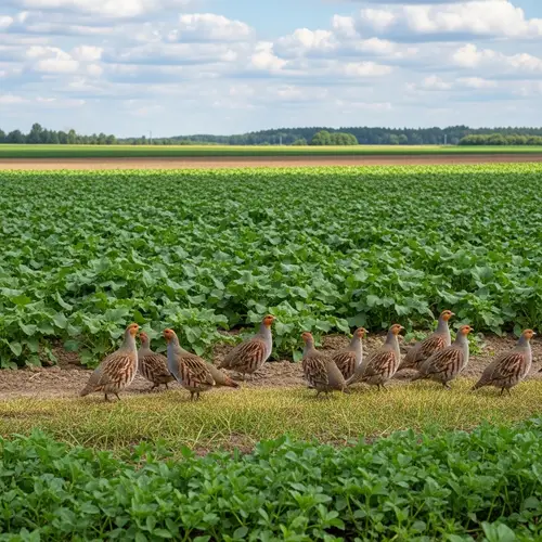 Grey Partridges near Vibrant Cultivated Field