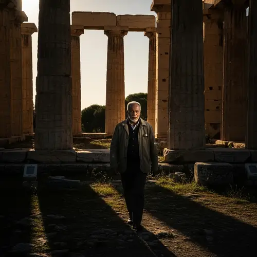 Abandoned Ancient Man Walking Away from Athena's Temple