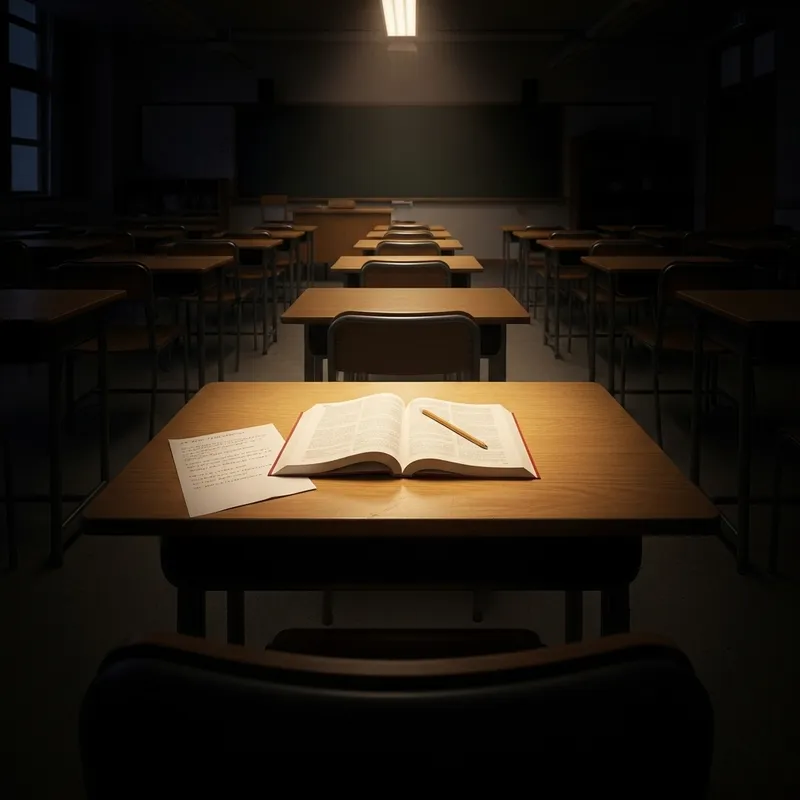 Illuminated Desk in Empty Classroom Image