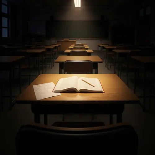 Illuminated Desk in Empty Classroom Image