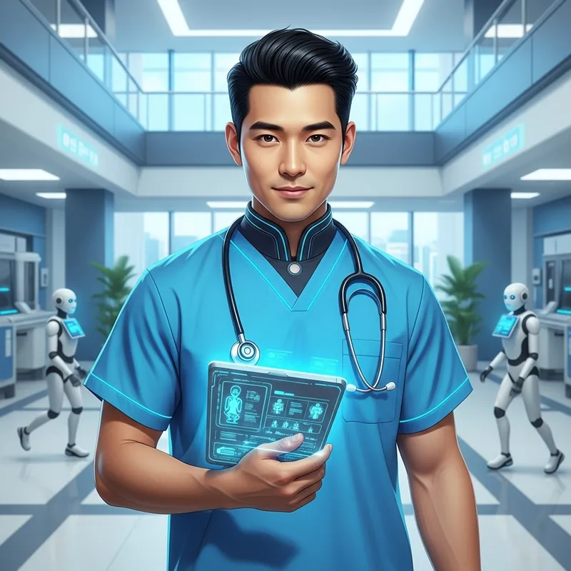 Futuristic Male Nurse with hi-tech Digital Tablet