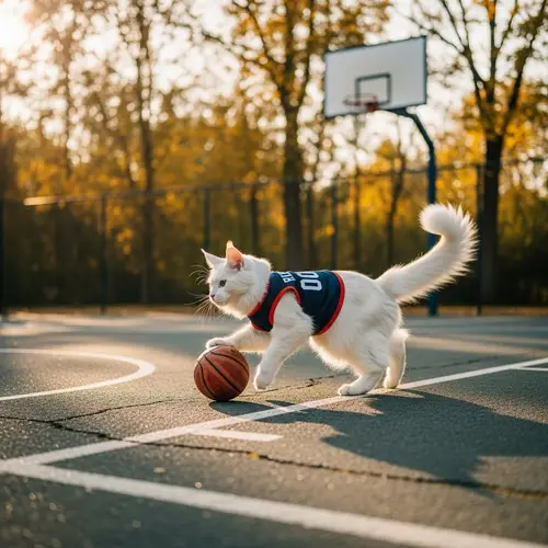 White Cat Playing Basketball - Cute and Funny Image