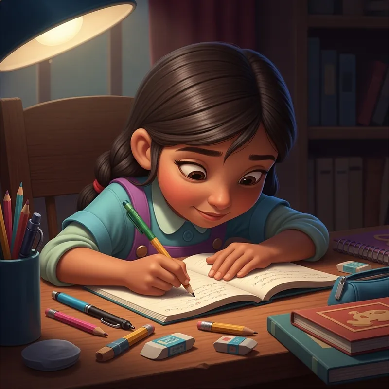 Young Hispanic Girl Studying with Colorful Stationery | Animated Schoolwork