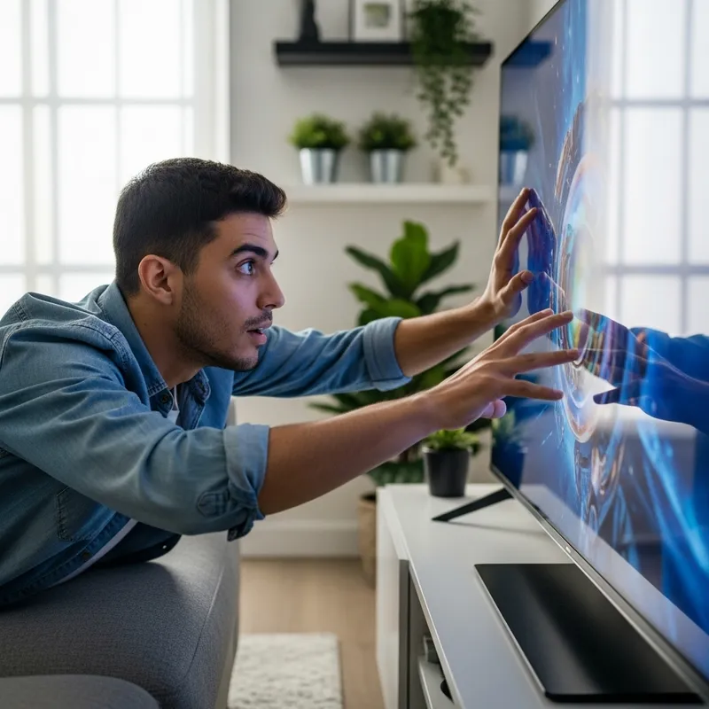 Young Hispanic Man Reaching Towards Television Screen with Concentration