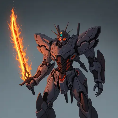 Abstract Giant Robot with Flaming Sword - Anime-Inspired Artwork