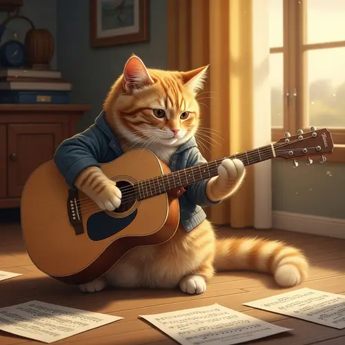 Adorable Cat Playing Acoustic Guitar - Musical Feline Delight