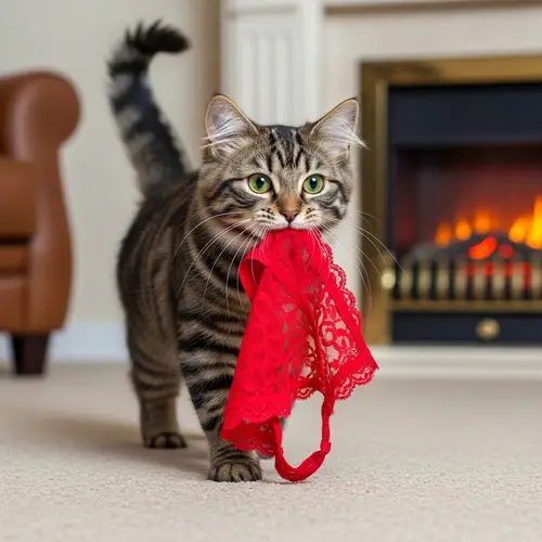 Adorable Cat Playing with Red Lace - Cute Feline Antics at Home
