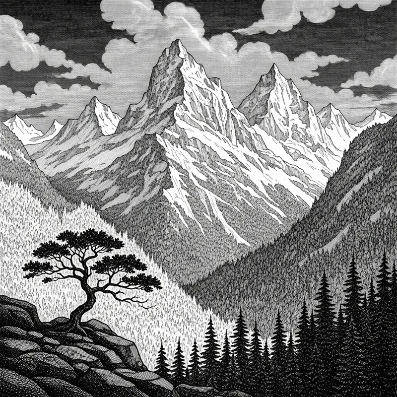 Black and White Mountain Drawing