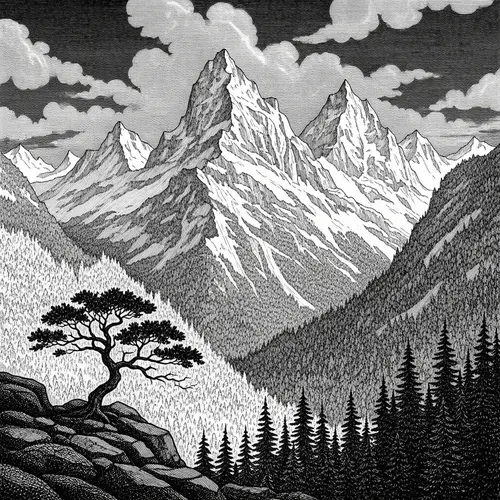 Black and White Illustrated Mountain Drawing