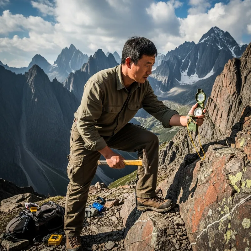 Chinese Geologist Working in Mountains with Compass and Geology Hammer