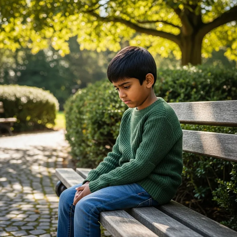 Sad Little Boy Seated on Park Bench