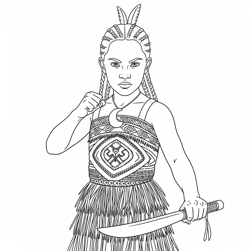 Young Maori Warrior Girl: Strength and Courage in Black Outline
