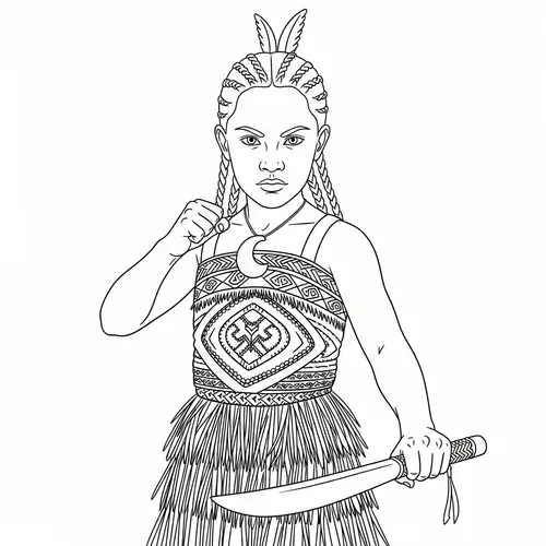 Young Maori Warrior Girl: Resilience and Strength in Monochrome Outline