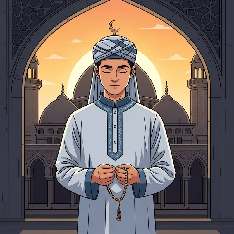 Tranquil Muslim Figure in Traditional Attire Praying at Ornate Mosque