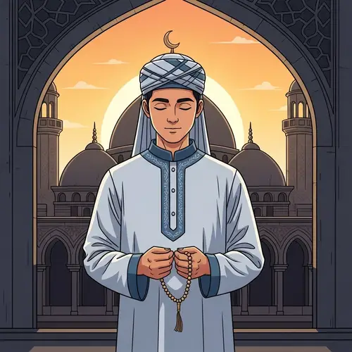 Tranquil Muslim Figure in Traditional Attire Praying at Ornate Mosque