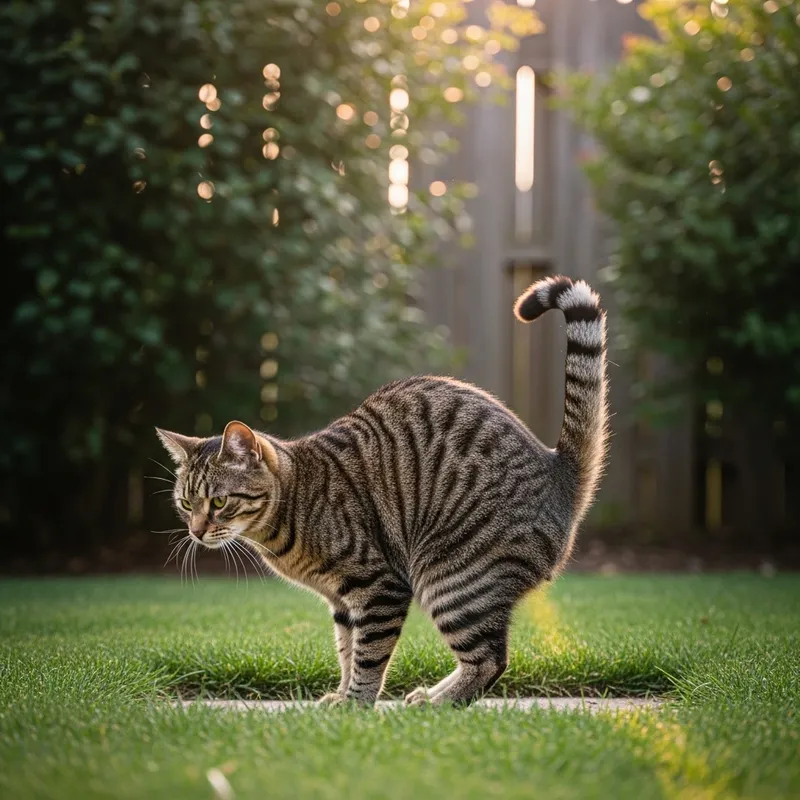 Playful Tabby Cat Pooping in Backyard