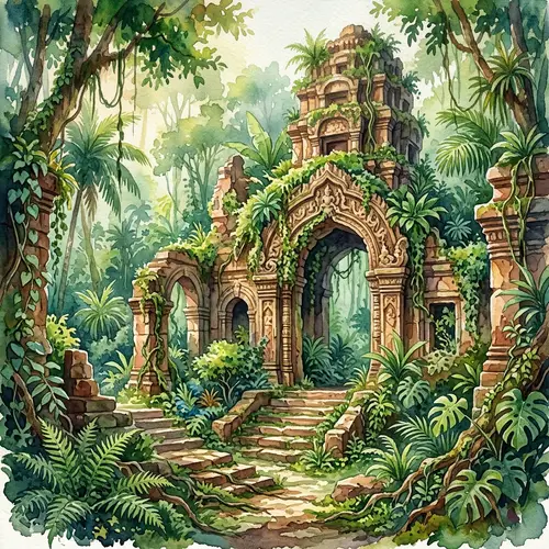 Mysterious Ancient Ruins in Lush Watercolor Style