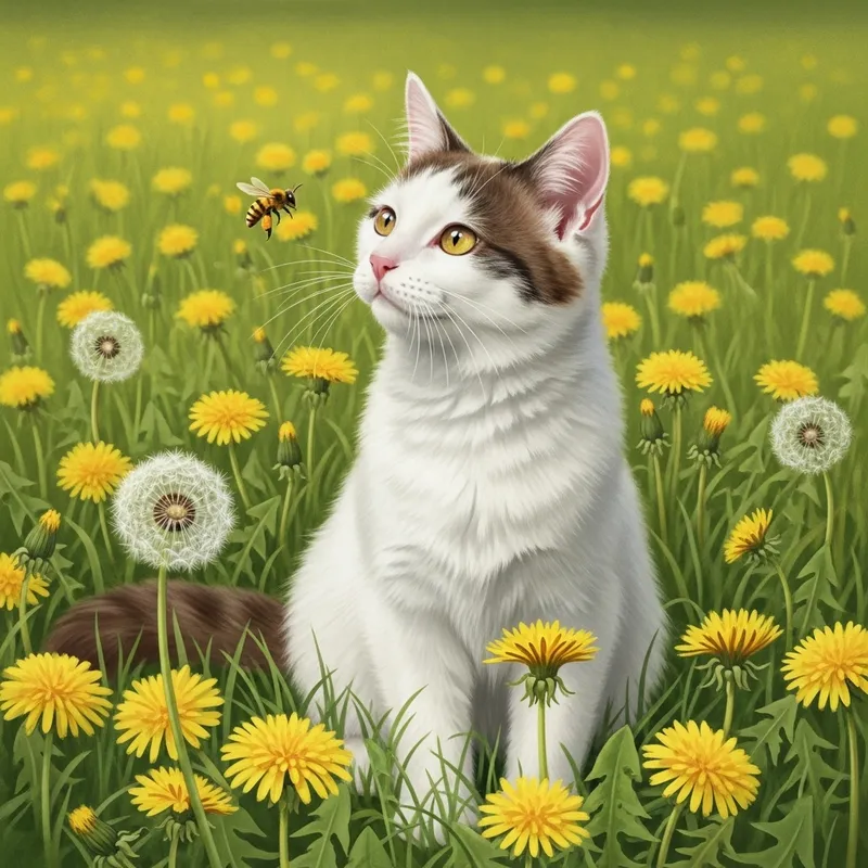 Whimsical White Cat in Dandelion Meadow Watching Bee