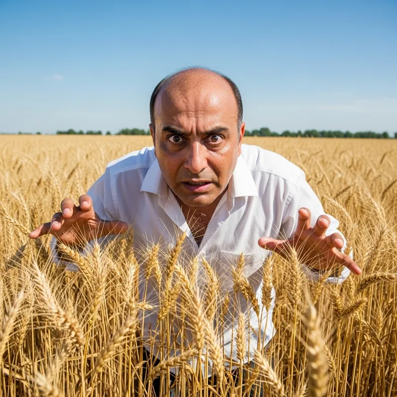 Maniac Bald Man Searching Wheat Field