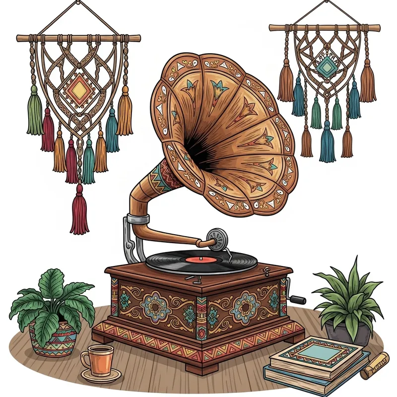 Boho Style Gramophone with Classic Vinyl Record