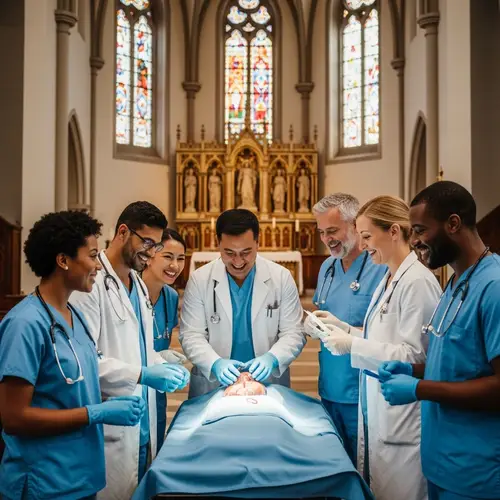 Diverse Doctors Performing Organ Transplantation in Gothic Church Setting
