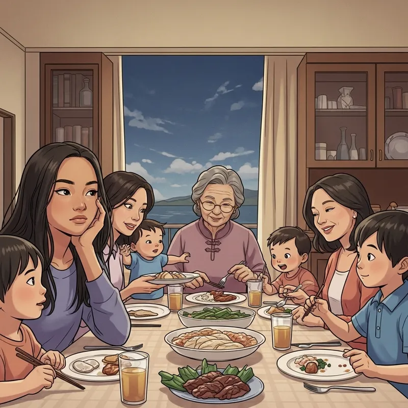 Vivid Asian Family Dinner Illustration: Teenage Girl Daydreaming Moment