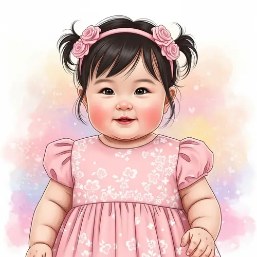 Beautiful East Asian Baby Girl in Pink Dress - Digital Art Illustration