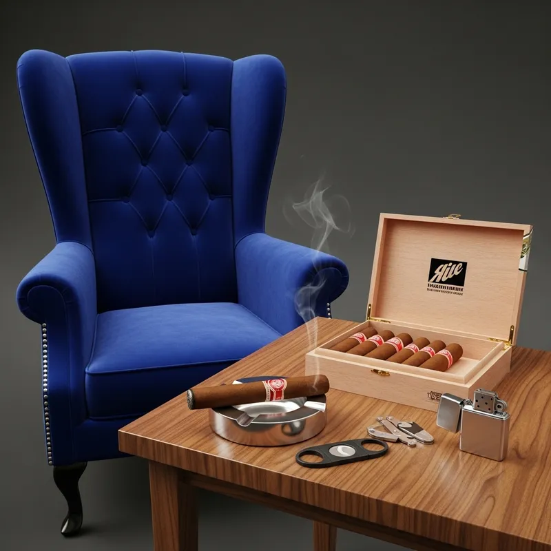 Luxury Royal Velvet High Back Chair & Wooden Table with Cigar Set Luxury Royal Velvet High Back Chair & Wooden Table with Cigar Set