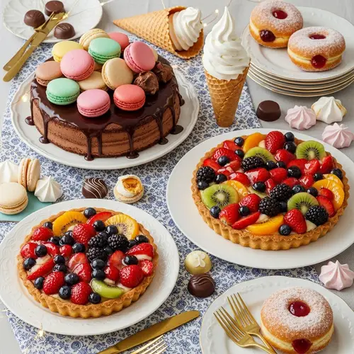 Dreamy Dessert Spread: Colorful Macarons, Chocolate Cake & More