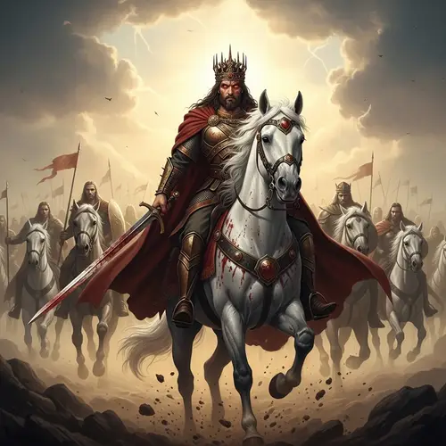 Epic Rider on White Horse: Heavenly Arrival in the Clouds