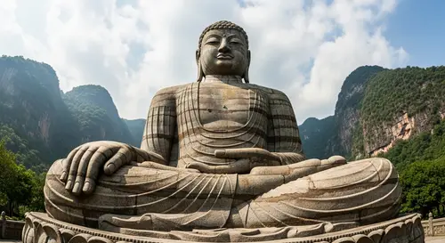 Wide Angle Buddha Statue: Peaceful Image