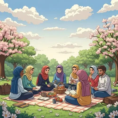 Diverse Group of Students Enjoying Picnic in Lush Garden