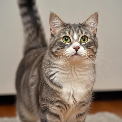Fluffy Gray and White Domestic Cat | Attentive Pose with Upright Tail