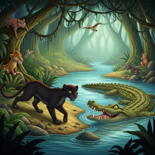 Brave Black Panther Shadow Encounters Massive Crocodile in Vibrant Jungle