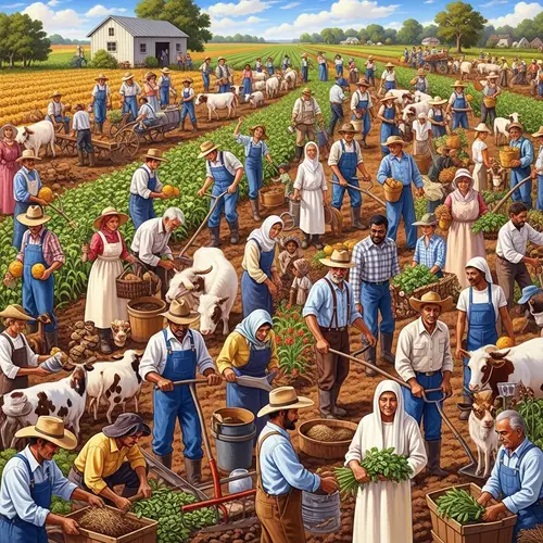 Vibrant Painting of Multicultural Farmers in a Bustling Farm Scene